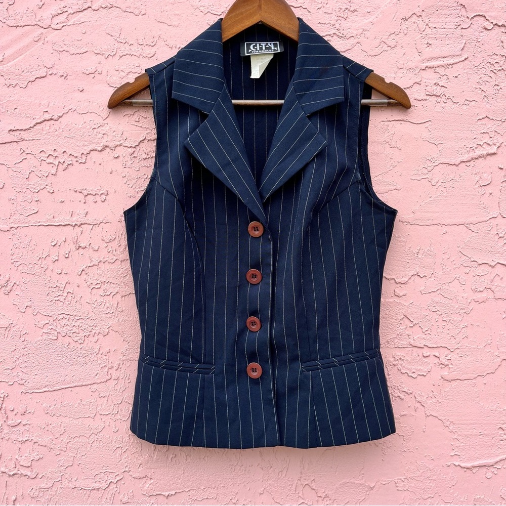Vintage City Triangles Navy Blue Pinstriped Vest Size 7 Y2K 90s 80s